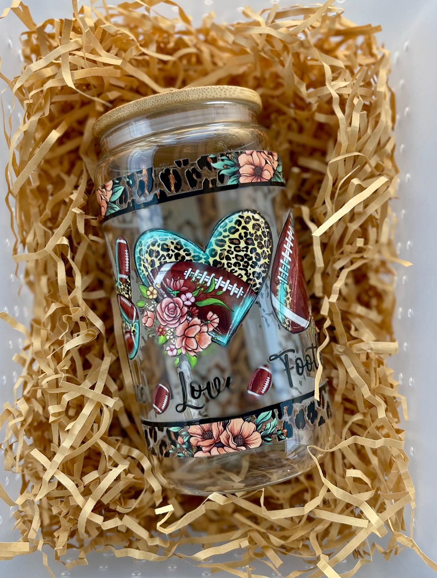 "Love, Football, & Leopard Print β Game Day Glass Tumbler"