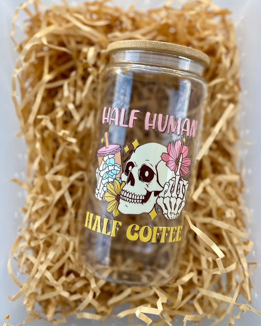 Half Human, Half Coffee – Gothic Coffee Lover’s Glass Tumbler