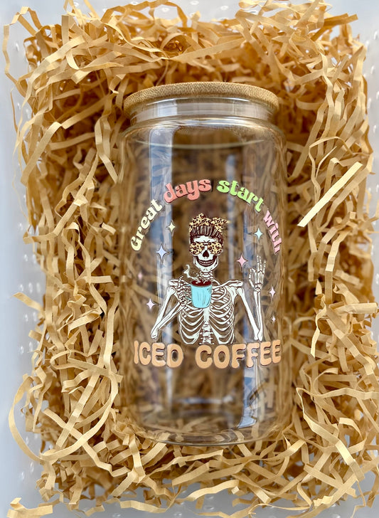 "Great Days Start with Iced Coffee" – Skeleton Coffee Lover Glass Tumbler